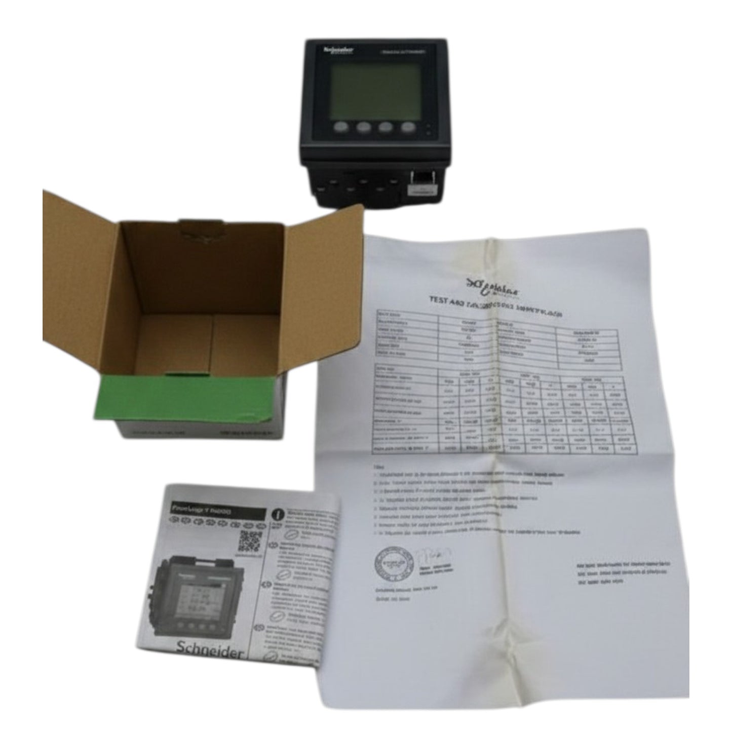 Measurement device with packaging, user manual, and certificate on a white background