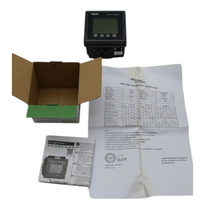 Measurement device with packaging, user manual, and certificate on a white background