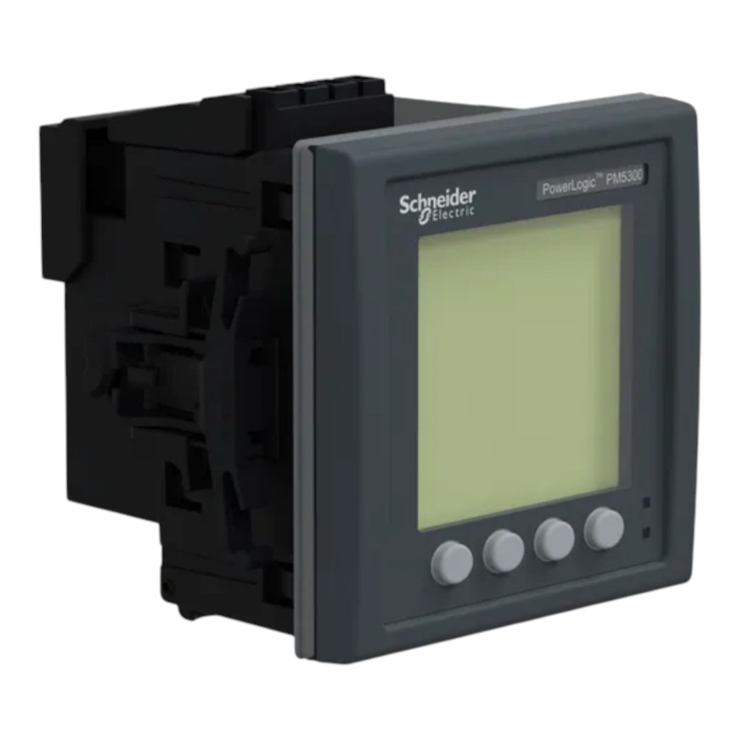 Schneider Electric PowerLogic PM5500 industrial electronic module with a dark gray faceplate, light green display screen, and four gray buttons, shown on a white background.