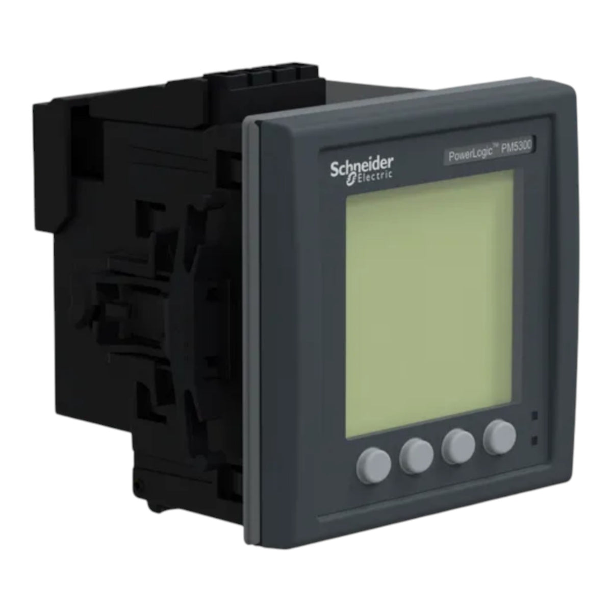 Schneider Electric PowerLogic PM5500 industrial electronic module with a dark gray faceplate, light green display screen, and four gray buttons, shown on a white background.