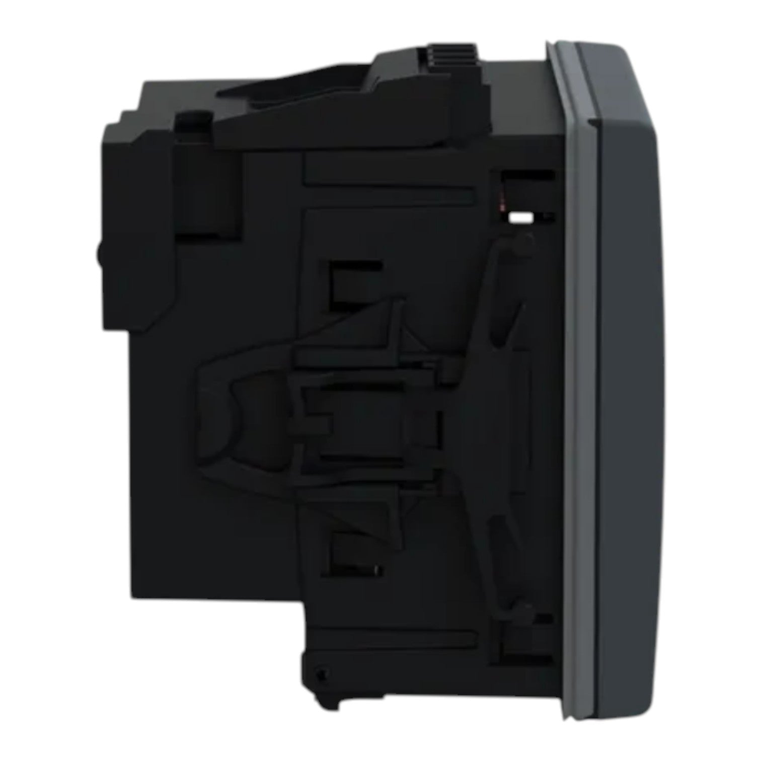 A close-up side view of a black electrical switch module or socket component, showing its internal mounting structure and front plate, isolated on a white background.
