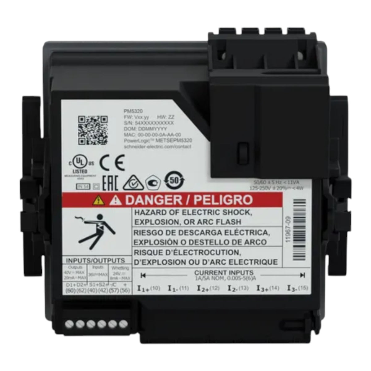 Schneider Electric PMR320 industrial electrical module with a black plastic housing, featuring a white technical specification label with red and black text and symbols.