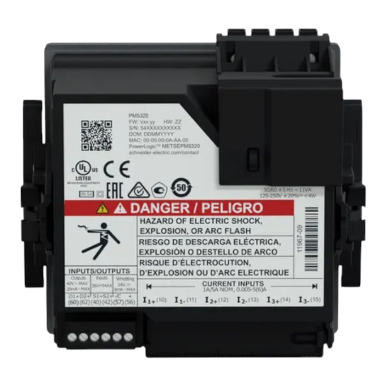 Schneider Electric PMR320 industrial electrical module with a black plastic housing, featuring a white technical specification label with red and black text and symbols.