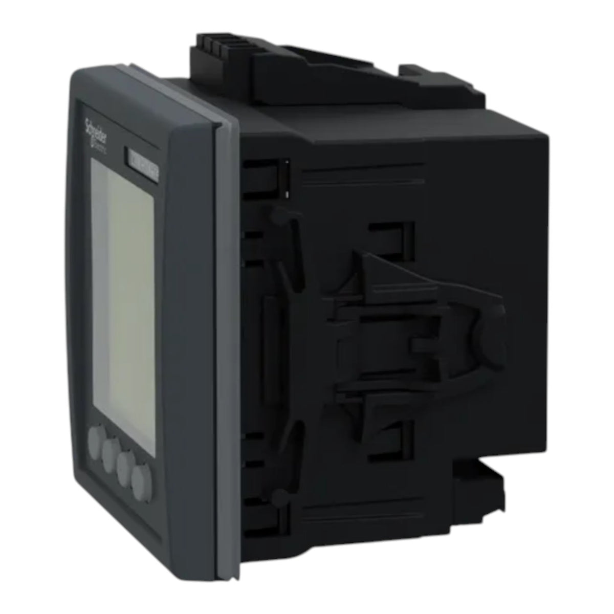 Schneider Electric industrial electrical module with a front display screen and four buttons, shown at an angle on a white background.