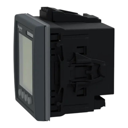Schneider Electric industrial electrical module with a front display screen and four buttons, shown at an angle on a white background.