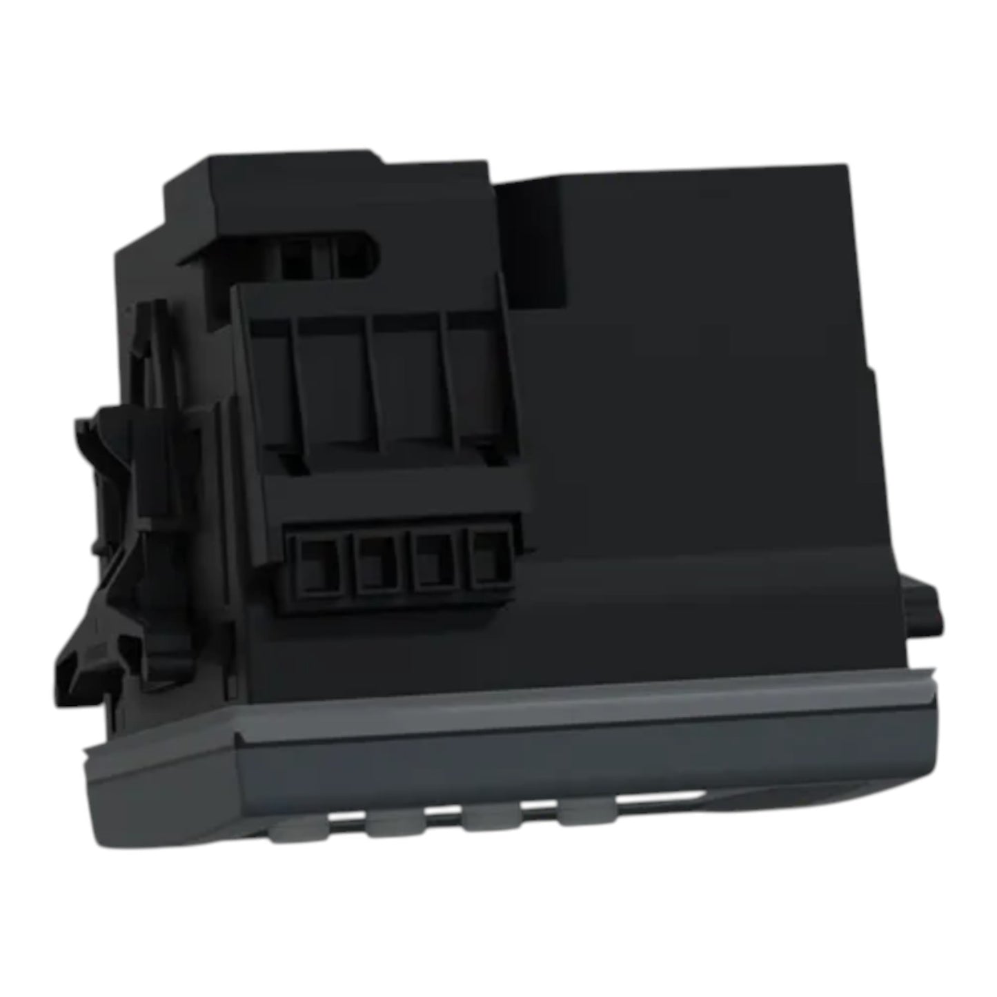A black plastic replacement part, likely an automotive or electronic module, shown from a three-quarters perspective on a solid white background.