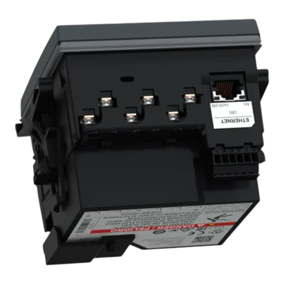 A black industrial electrical module with an RJ45 Ethernet port, terminal blocks, and printed technical labels, photographed on a plain white background.