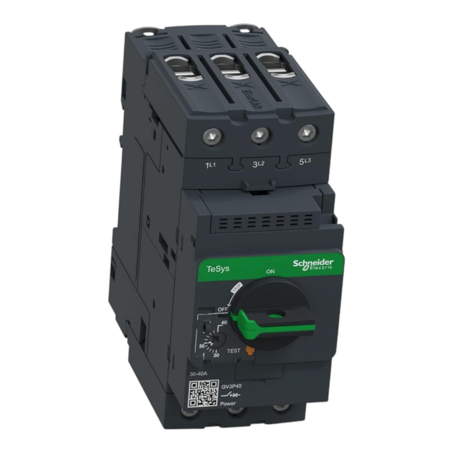 Schneider TeSys electrical contactor in dark gray with a green control dial and brand label, shown on a white background.