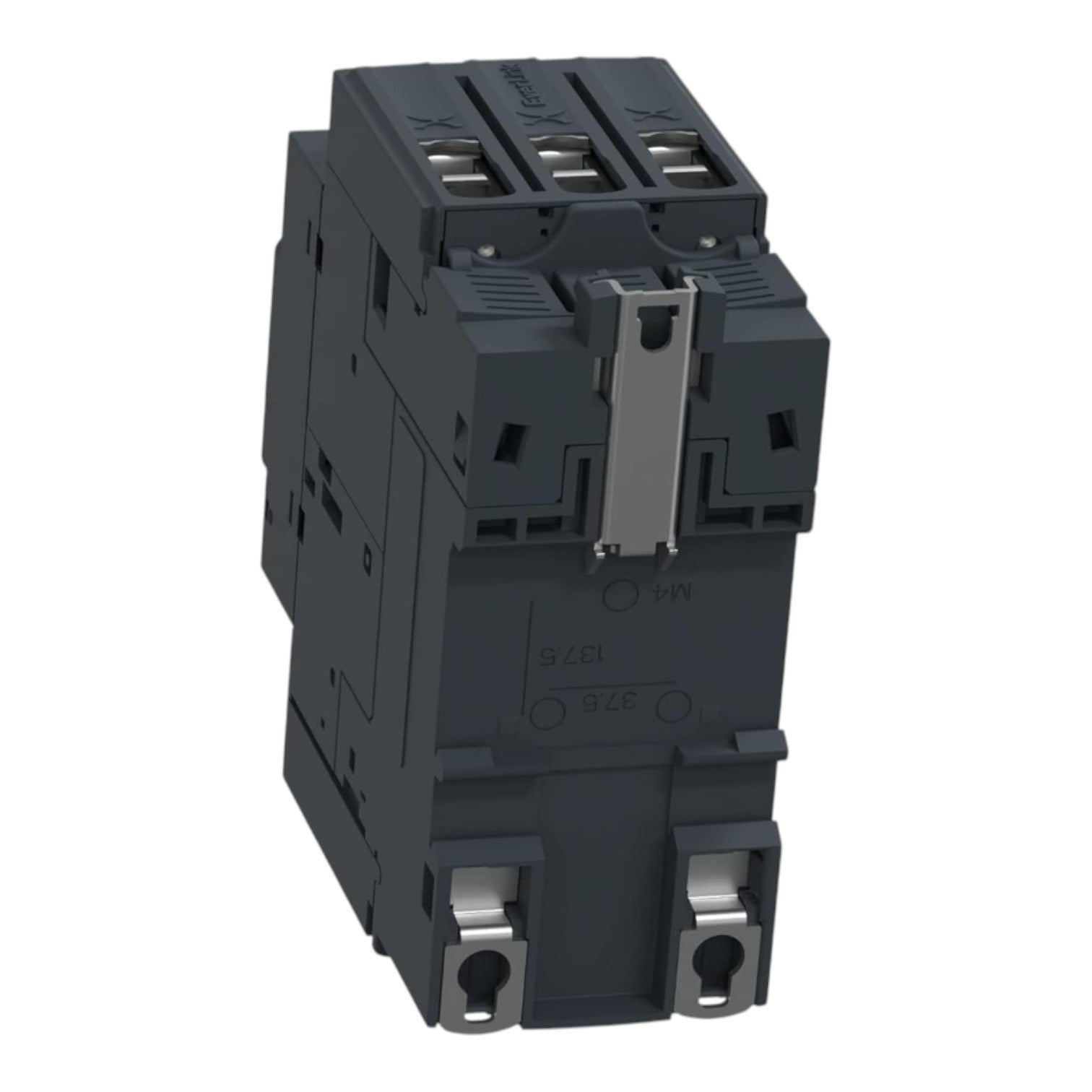A dark gray industrial electrical contactor or relay component with silver metal terminal screws, shown on a plain white background.