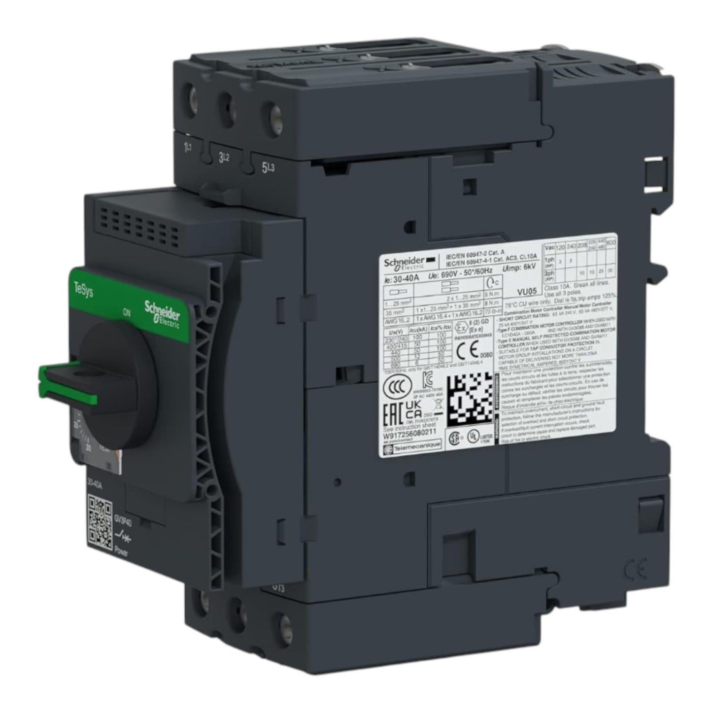 Schneider Electric Q200 modular contactor module with a dark gray plastic housing, a green and black rotary switch on the side, and a detailed white technical label on the front face.