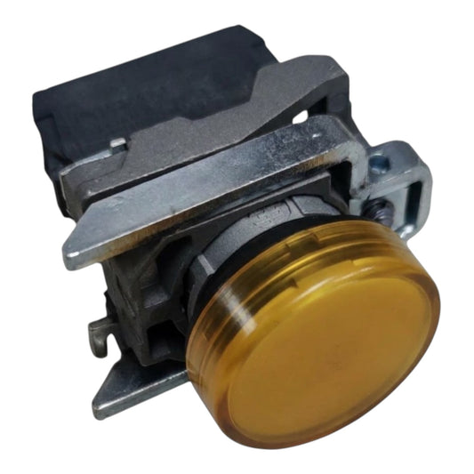 An industrial toggle switch with a round amber translucent front lens and a black plastic housing, isolated on a white background.