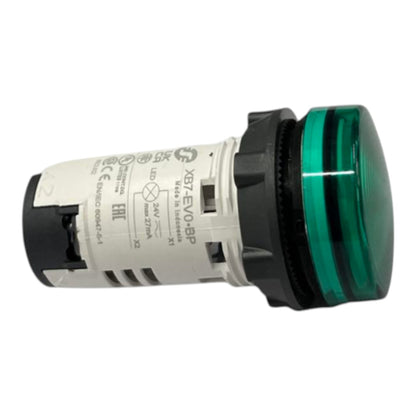 An industrial push-button indicator light with a white printed housing, a black base, and a translucent green lens on a white background.