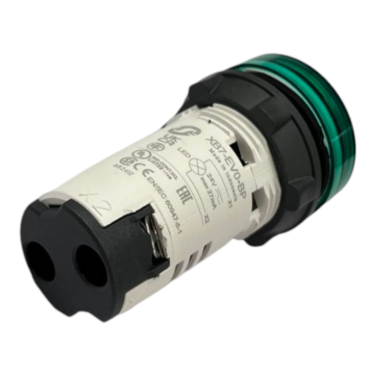 An industrial waterproof electrical connector with a white body, black plastic end caps, and a green ring accent, shown on a white background.
