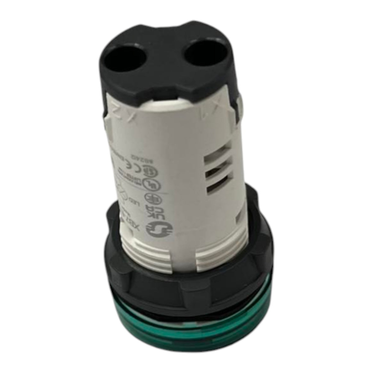 A plastic dual-port connector fitting with a white body, black top and bottom caps, and a green ring accent at the base, shown on a white background.