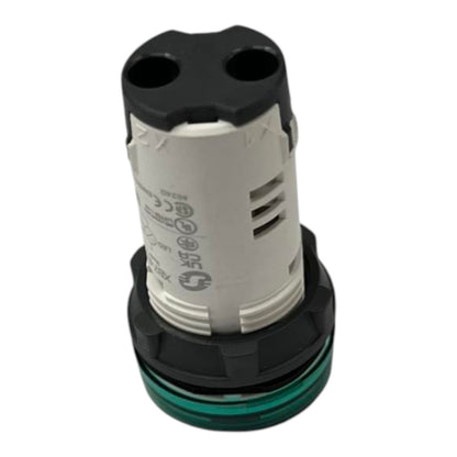 A plastic dual-port connector fitting with a white body, black top and bottom caps, and a green ring accent at the base, shown on a white background.