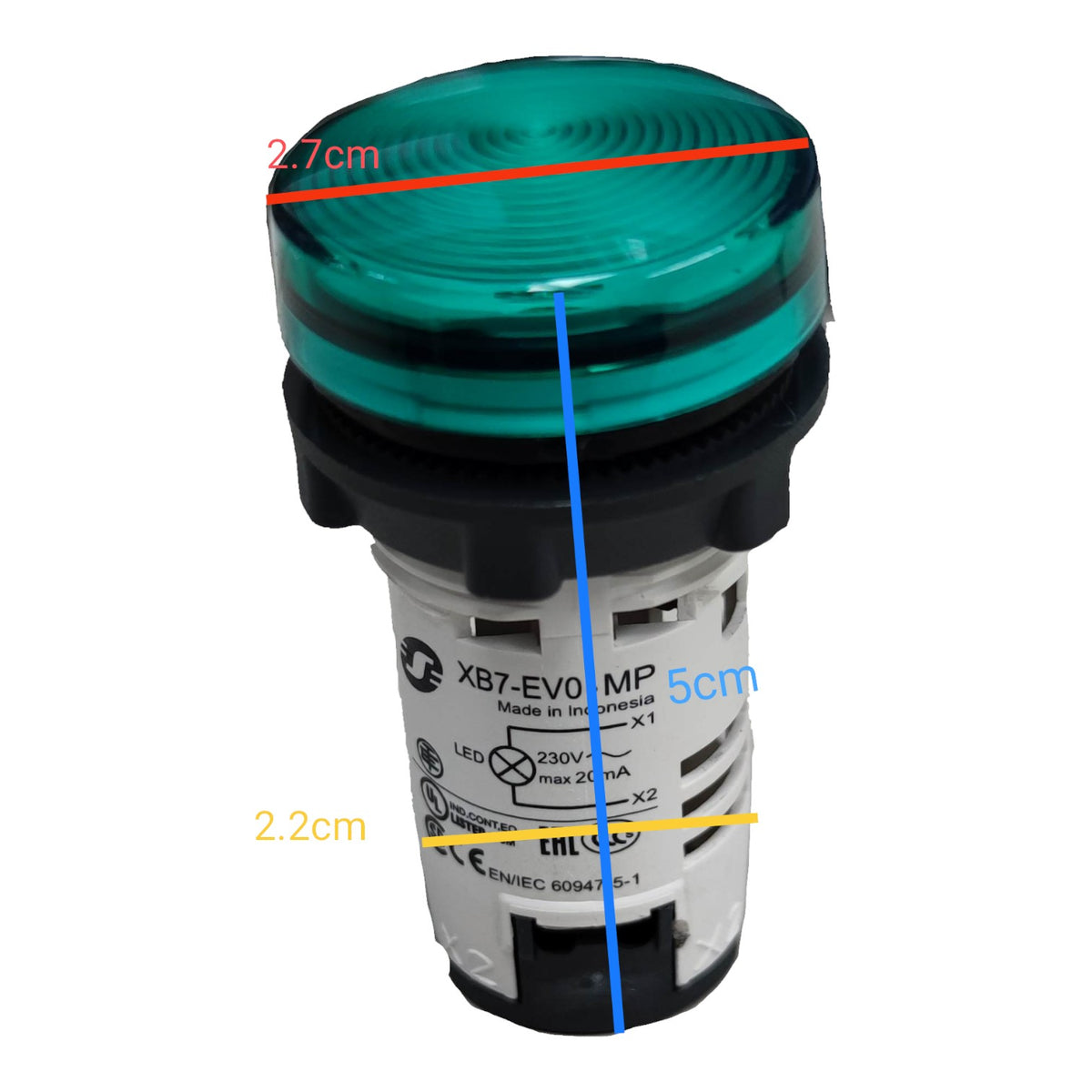 A cylindrical industrial push-button indicator light with a translucent teal-green lens, black top and bottom rings, and a white printed label. Red, blue, and yellow measurement lines with text showing dimensions of 2.