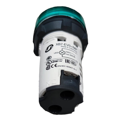 An industrial electrical indicator light module, model XB7-EVD04MD, featuring a white body with black plastic end caps and a translucent green lens on top, shown against a plain white background.