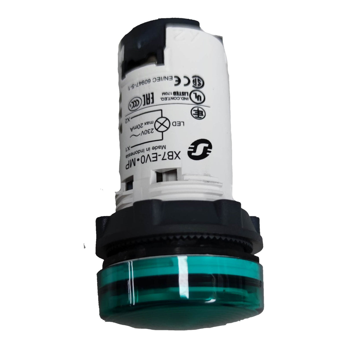 An industrial LED push-button module with a white printed body, black plastic top and base, and a translucent green light-tight end cap, shown on a white background.