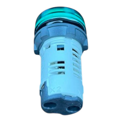 A plastic cylindrical component, likely a faucet aerator or shower filter, featuring a translucent teal top section and a light blue body with vent slots.