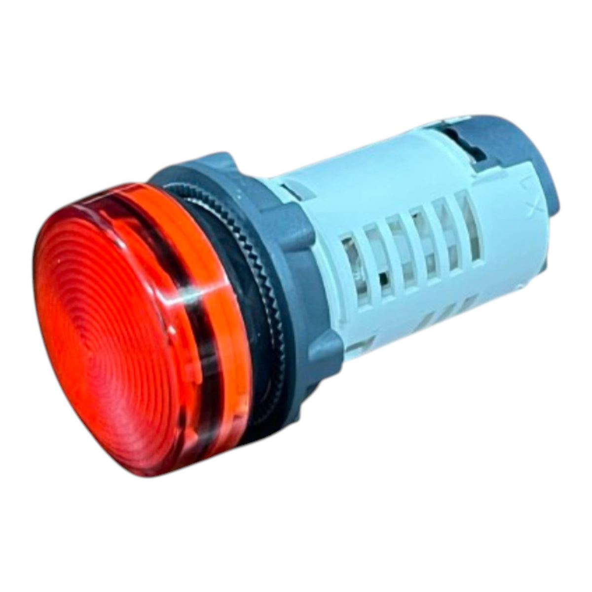 A red indicator light switch with a translucent red lens and a light blue-gray plastic housing, shown on a plain white background.