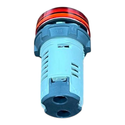 A cylindrical plastic component, likely a light switch or sensor module, featuring a light blue body, a dark gray base, and a red translucent top section, isolated on a white background.