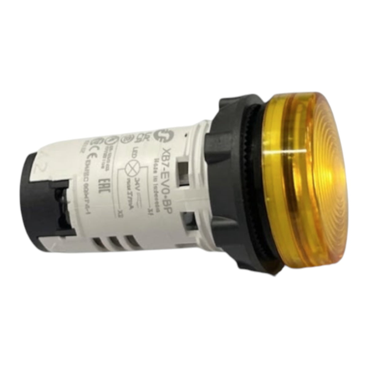 An industrial LED indicator light with a white printed housing, black plastic base, and a translucent amber-yellow lens.
