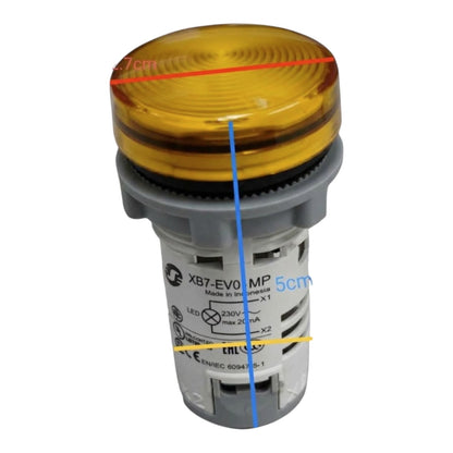 An industrial LED push-button indicator light with a translucent amber-yellow top lens, gray plastic housing, and printed technical specifications on the front. Red, blue, and yellow measurement lines with text overlays indicate dimensions of the product.