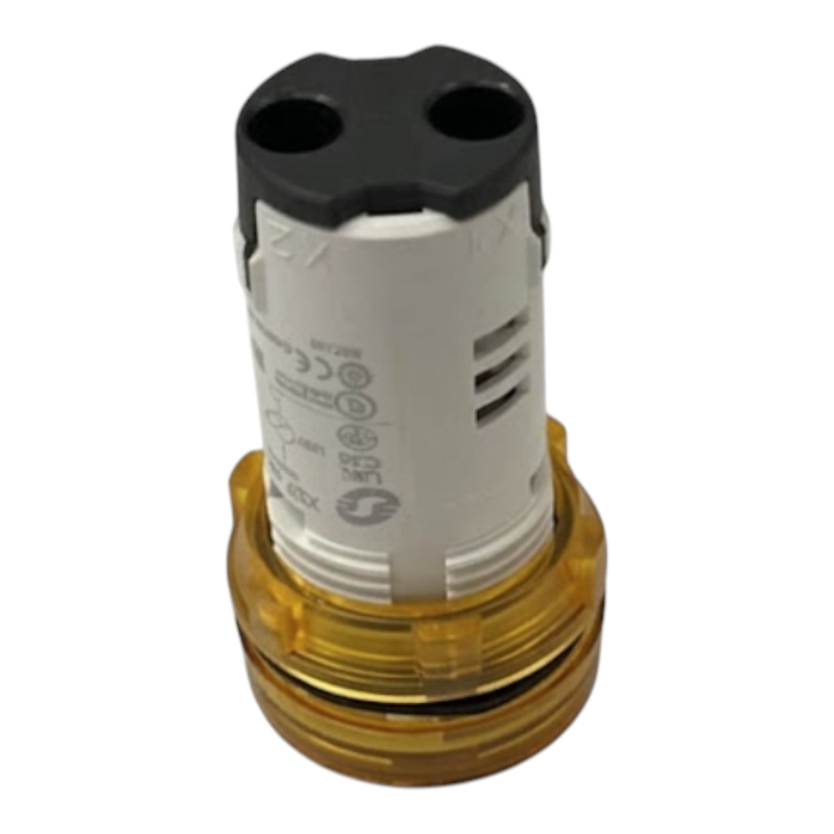 A replacement water pump impeller assembly featuring a white central body with printed technical specifications, a black top cap with two circular openings, and a translucent amber-yellow lower impeller ring, isolated on a white background.