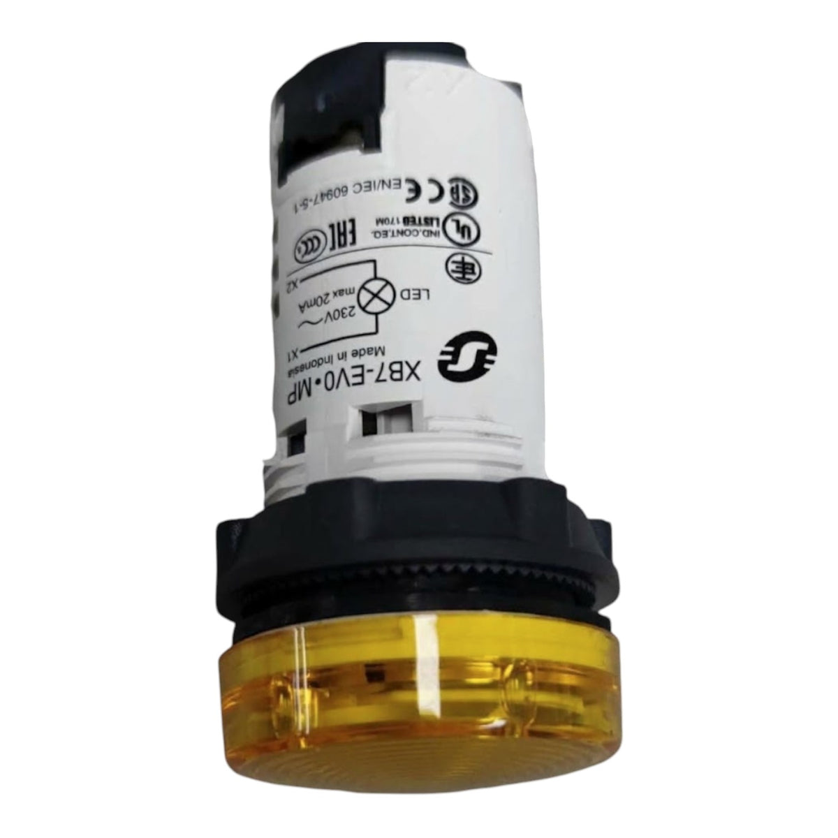 An industrial LED indicator light with a white printed body, black plastic collar, and a translucent amber yellow lens at the bottom, shown on a plain white background.