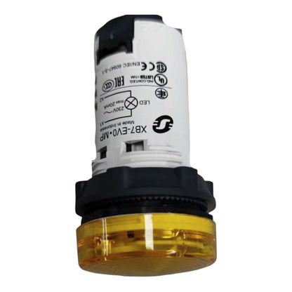 An industrial LED indicator light with a white printed body, black plastic collar, and a translucent amber yellow lens at the bottom, shown on a plain white background.