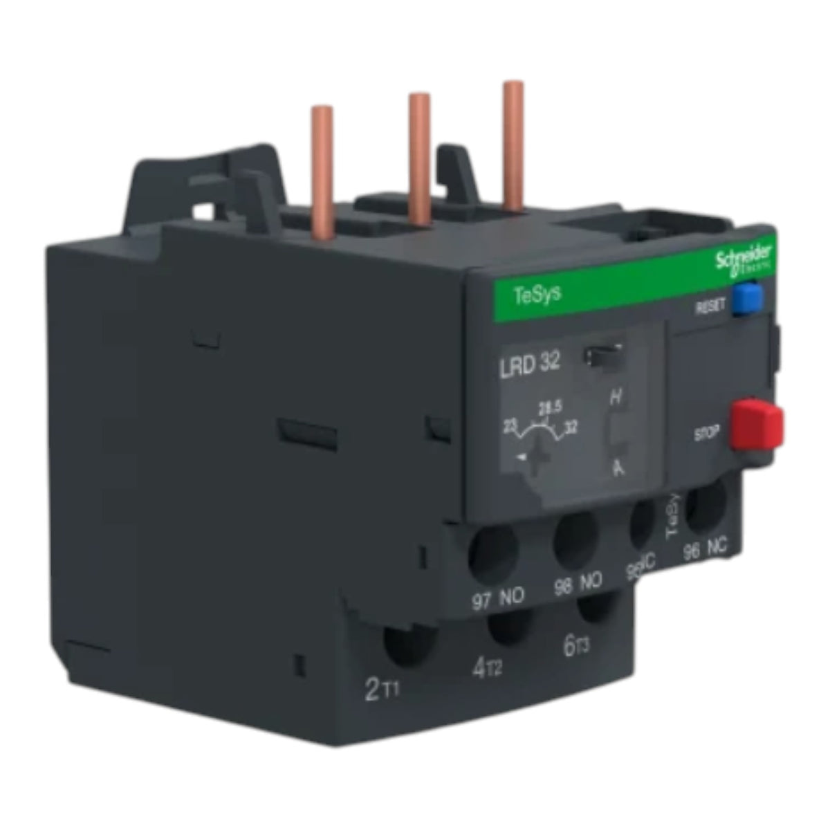 Schneider TeSys LRD 32 thermal overload relay in dark gray plastic with copper-colored terminals, a green Schneider brand panel, and red and blue buttons.