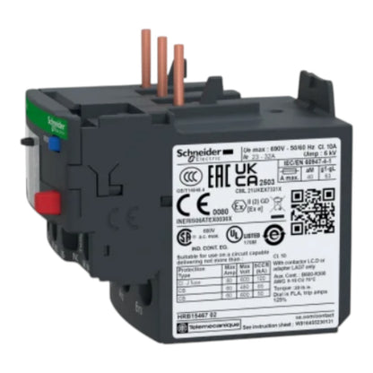 Schneider Electric INERIS050ATEX030EK industrial contactor module, model CBL 21NEX7317X, featuring a dark gray plastic housing with copper-colored terminal pins and a green Schneider brand accent on the side.