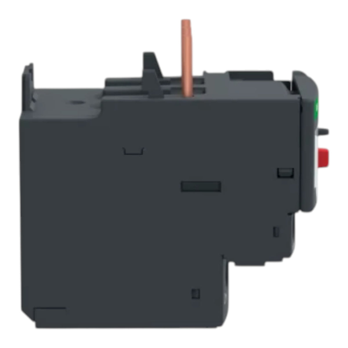 A dark gray electrical contactor or relay component with a copper-colored terminal lead and small red and green buttons on the side, shown against a plain white background.