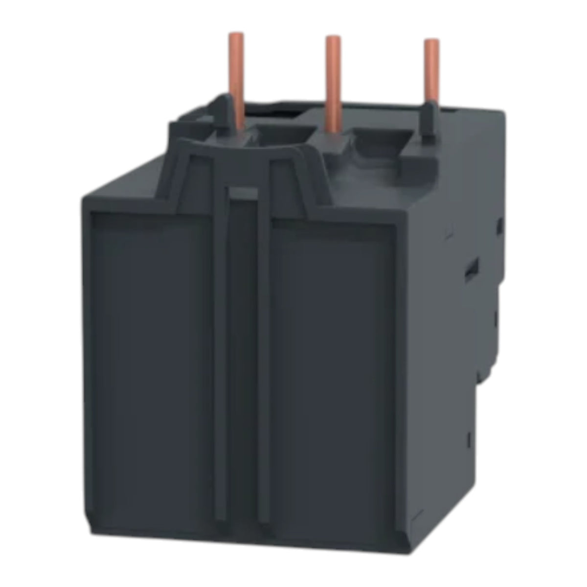 A dark gray electrical relay component with three copper-colored terminal posts on top, shown against a plain white background.