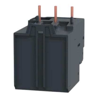 A dark gray electrical relay component with three copper-colored terminal posts on top, shown against a plain white background.