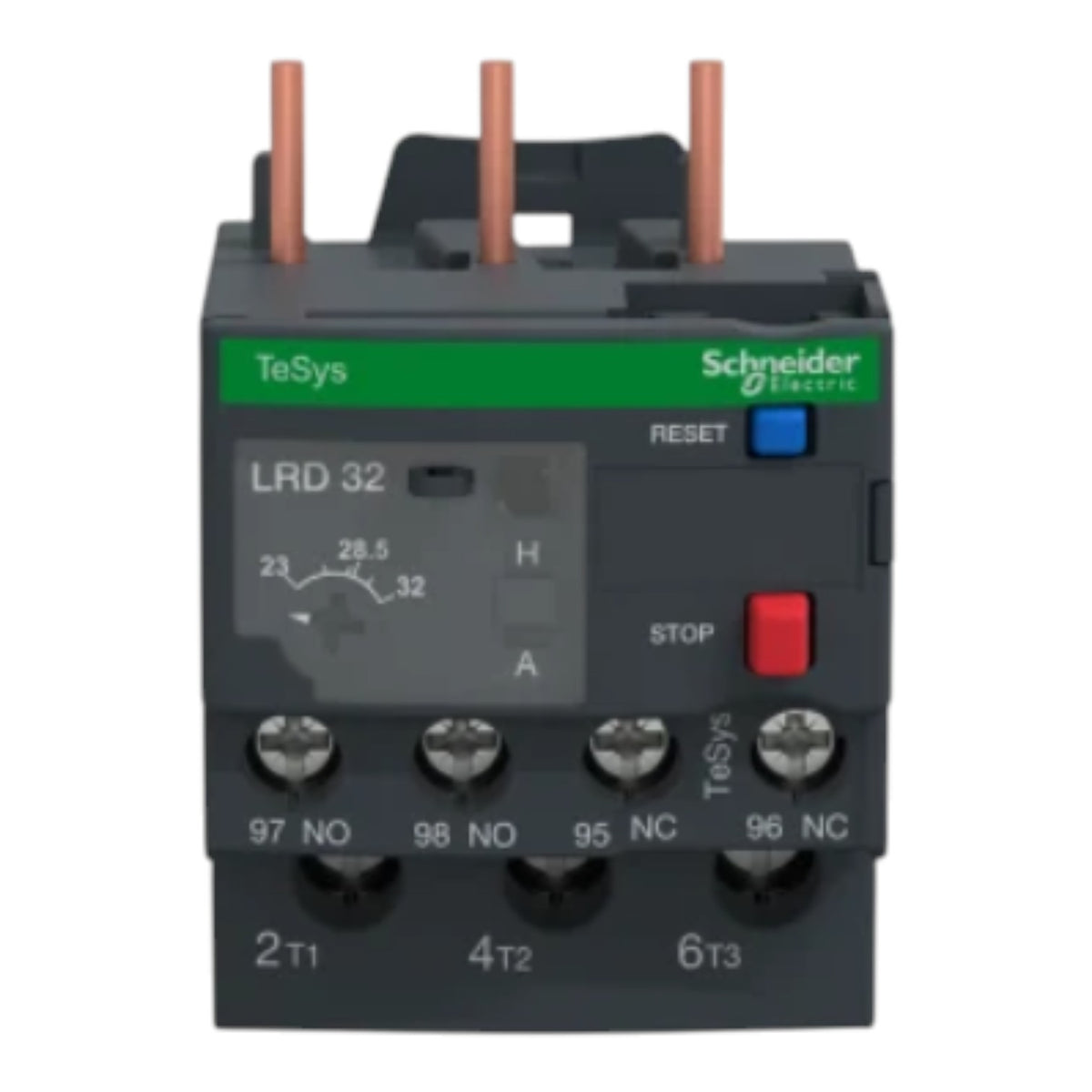 Schneider Electric TeSys LRD 32 thermal overload relay with copper-colored terminal rods, a green TeSys label, and red and blue reset buttons on a white background.