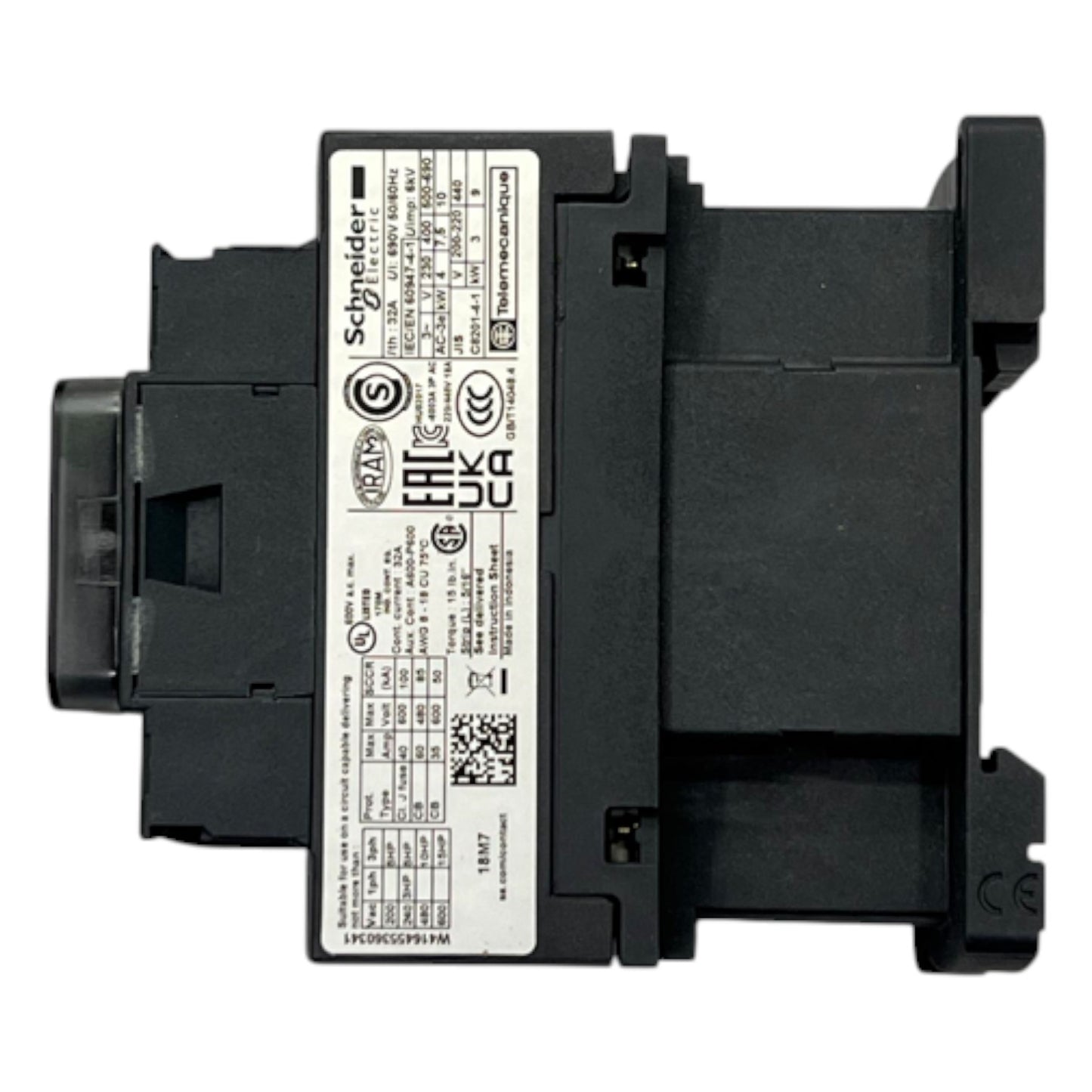 Black electrical component with visible branding on a white background