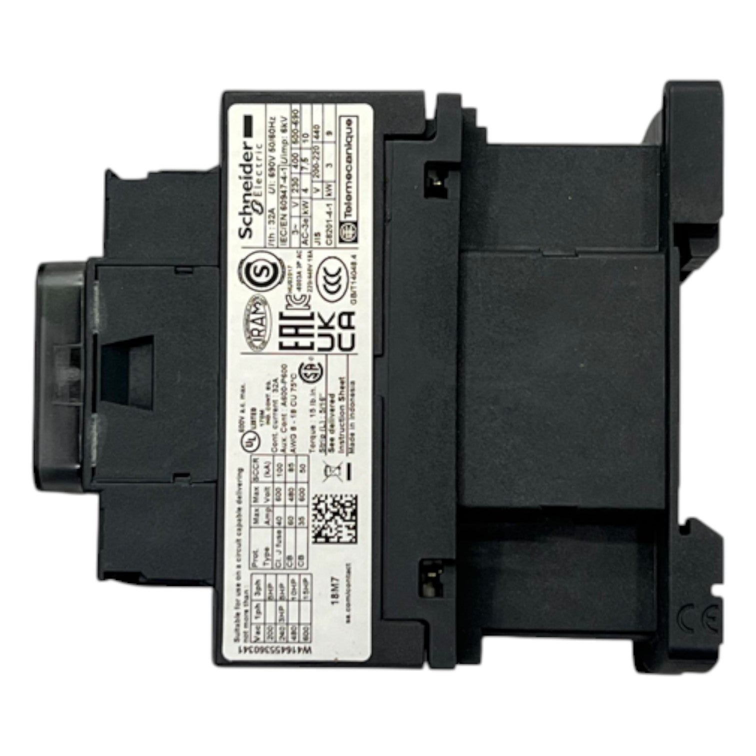 Black electrical component with visible branding on a white background