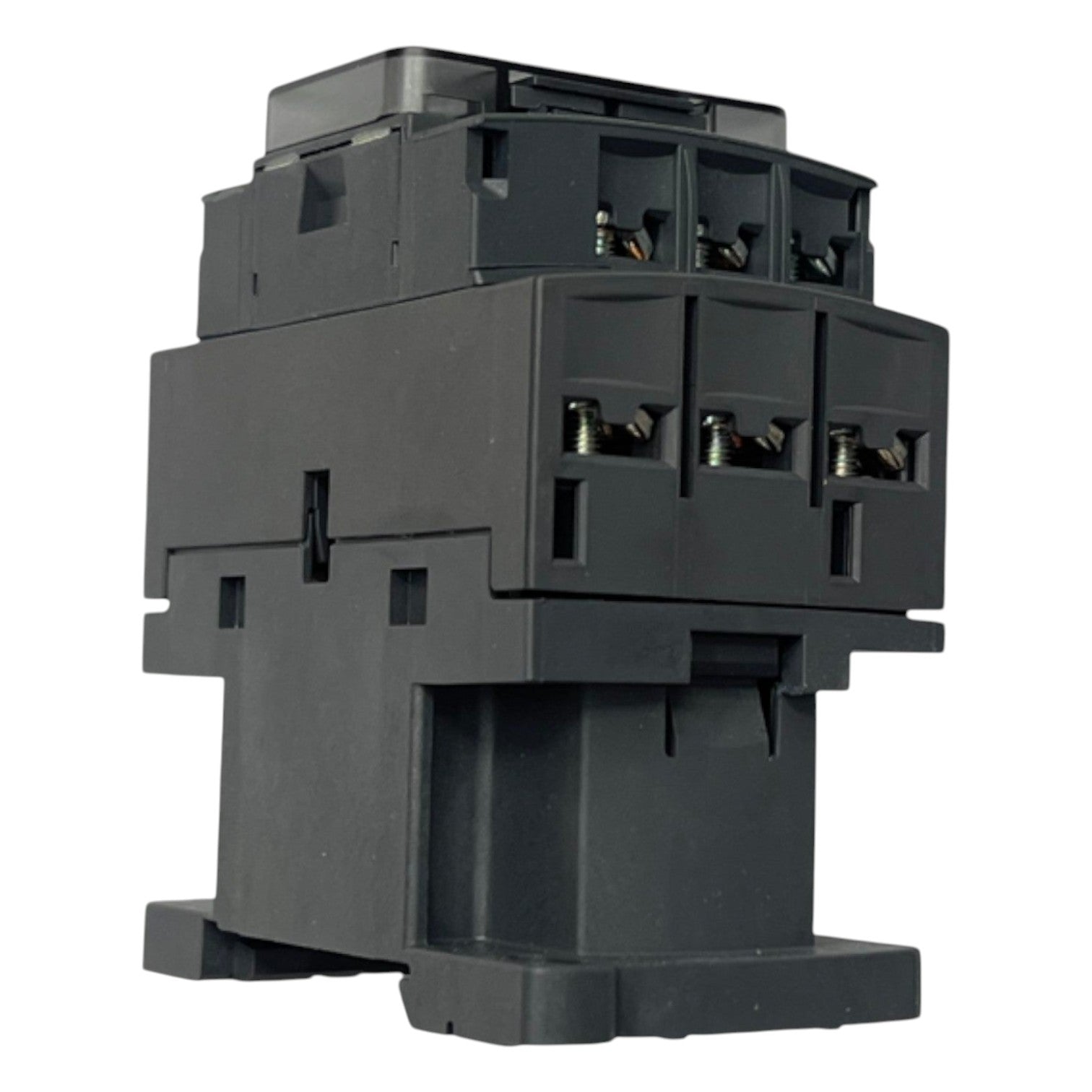 Black electrical contactor on a white background