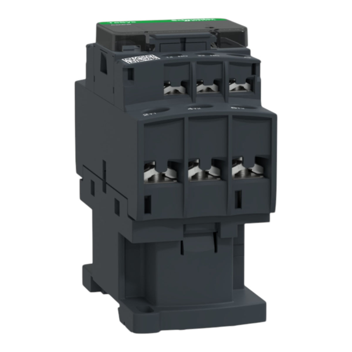 A dark gray industrial electrical contactor with a green top label, shown on a solid white background.