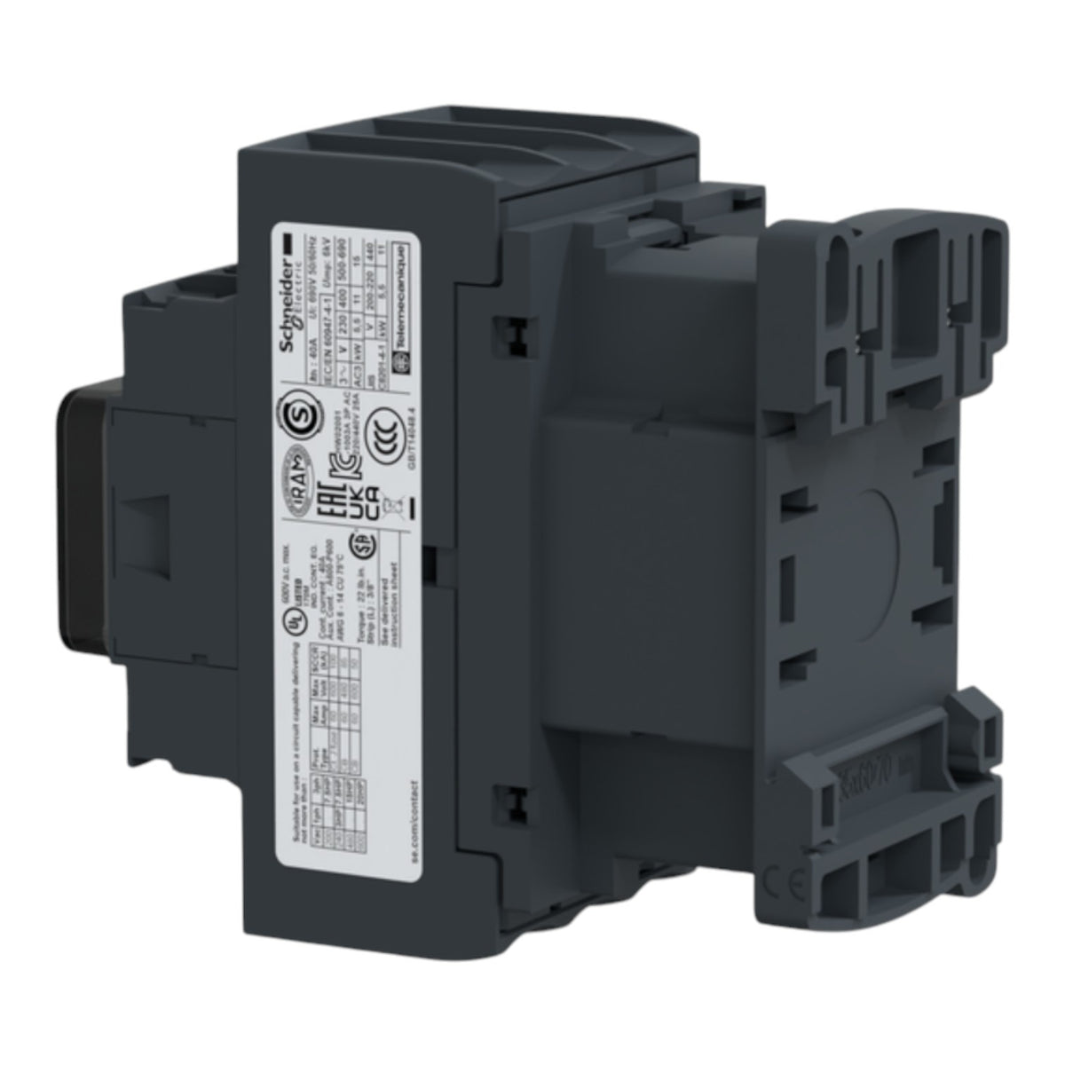 Schneider Electric industrial electrical contactor module in dark gray plastic with a white technical specification label, shown on a plain white background.