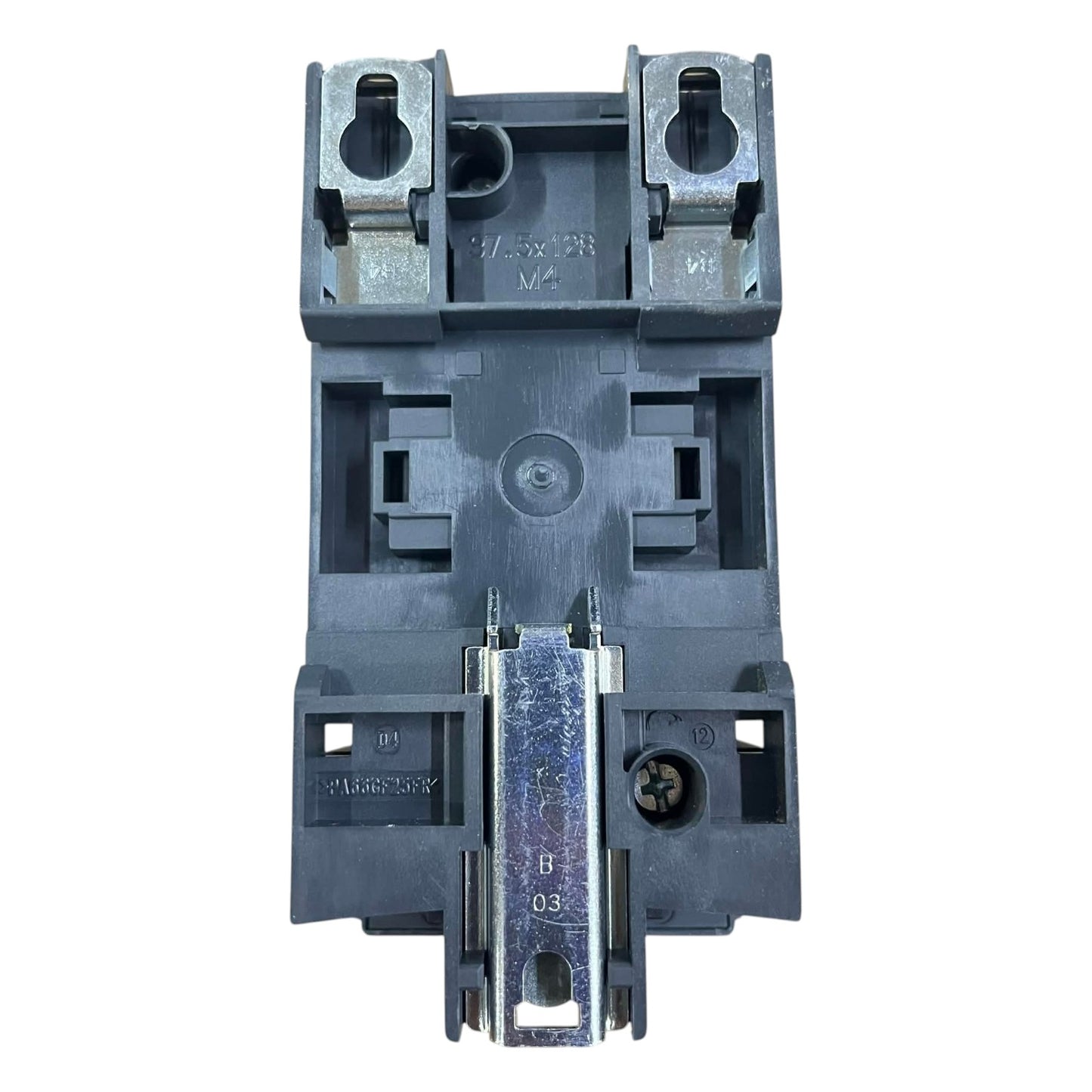 Black electrical circuit breaker on a white background
