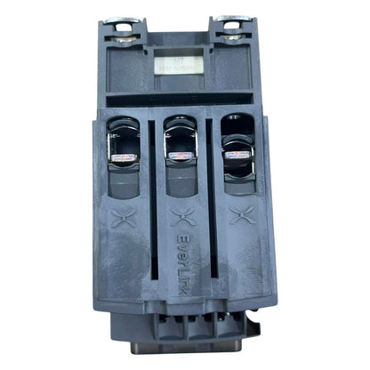 Gray electrical breaker panel with multiple slots on a white background