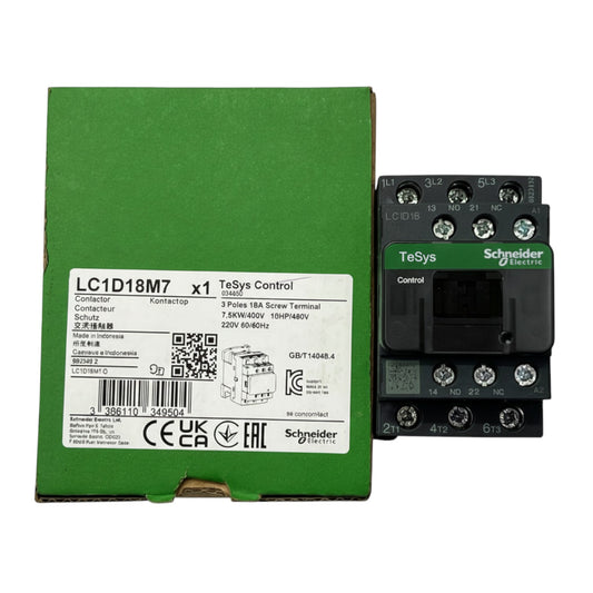 TeSys control relay with green packaging on a white background Schneider Magnetic Contactor GRAY 18A 220V Coil LC1D18M7, LC1D18 Electx Electrical Supply