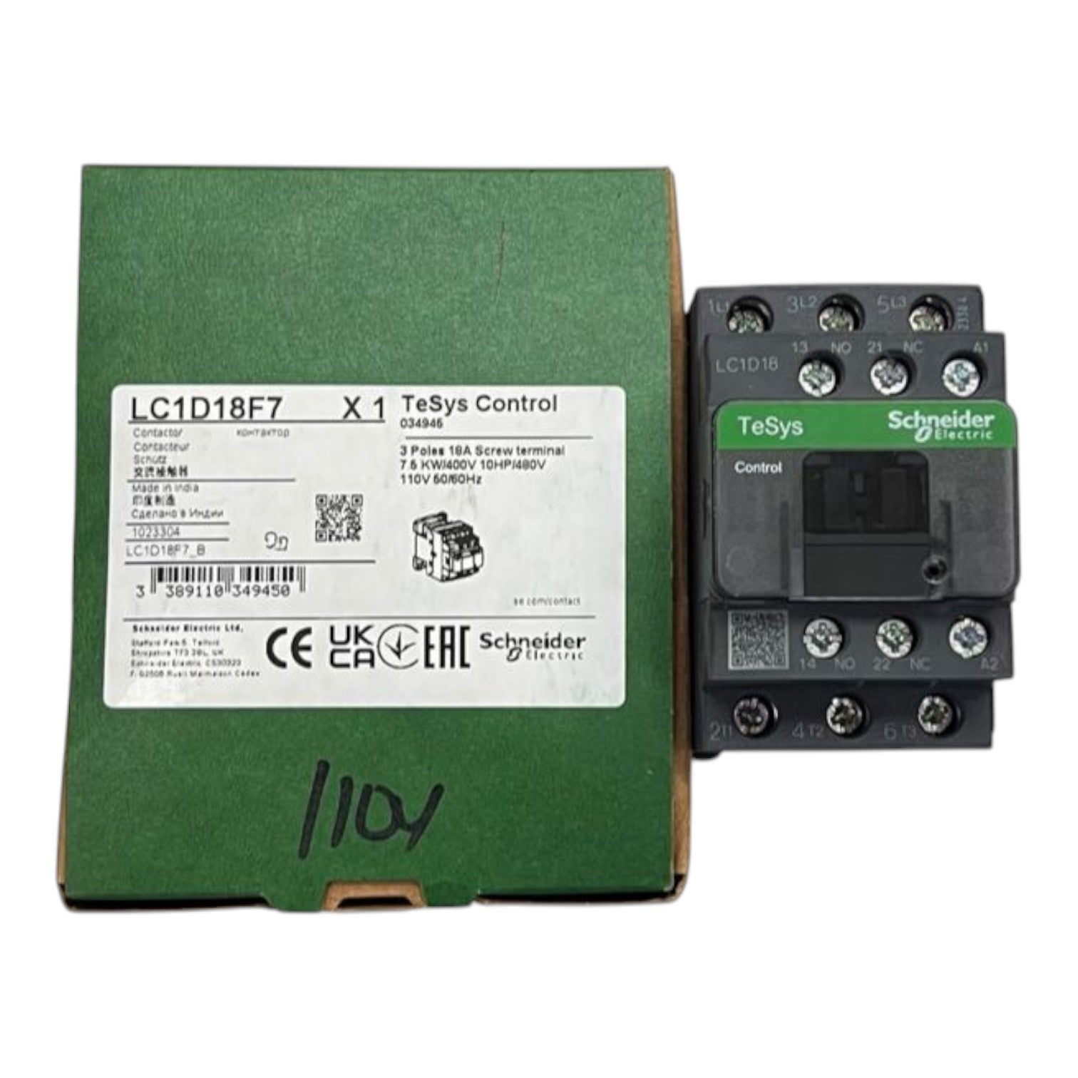 Schneider Magnetic Contactor LC1D18F7 110 Volts with terminal connections for electrical control systems