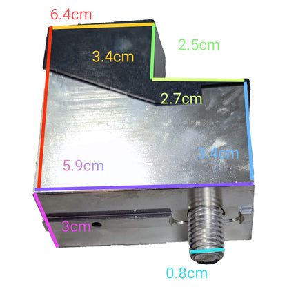 Metal component with dimensions labeled on a white background