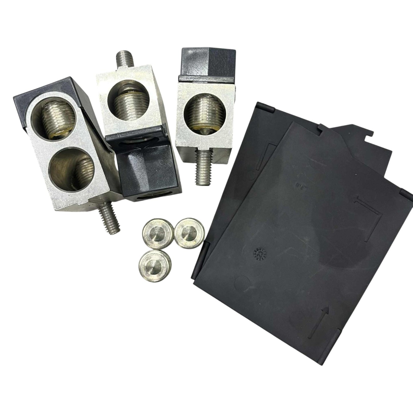 Mechanical components including metal blocks and screws on a white background