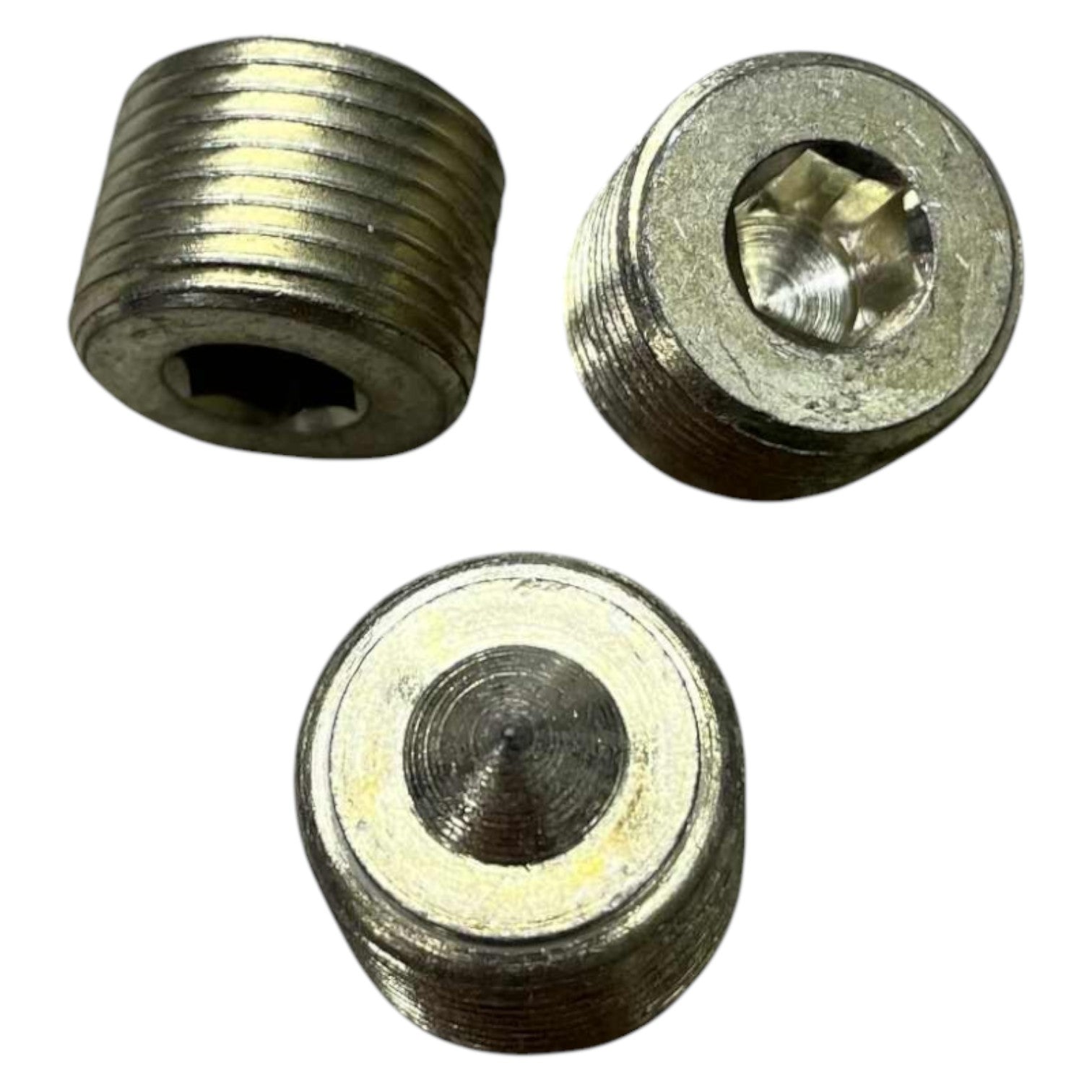 Three metal bushings on a white background