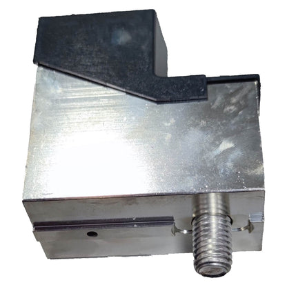 Metal mechanical component with a black cap and threaded rod on a white background