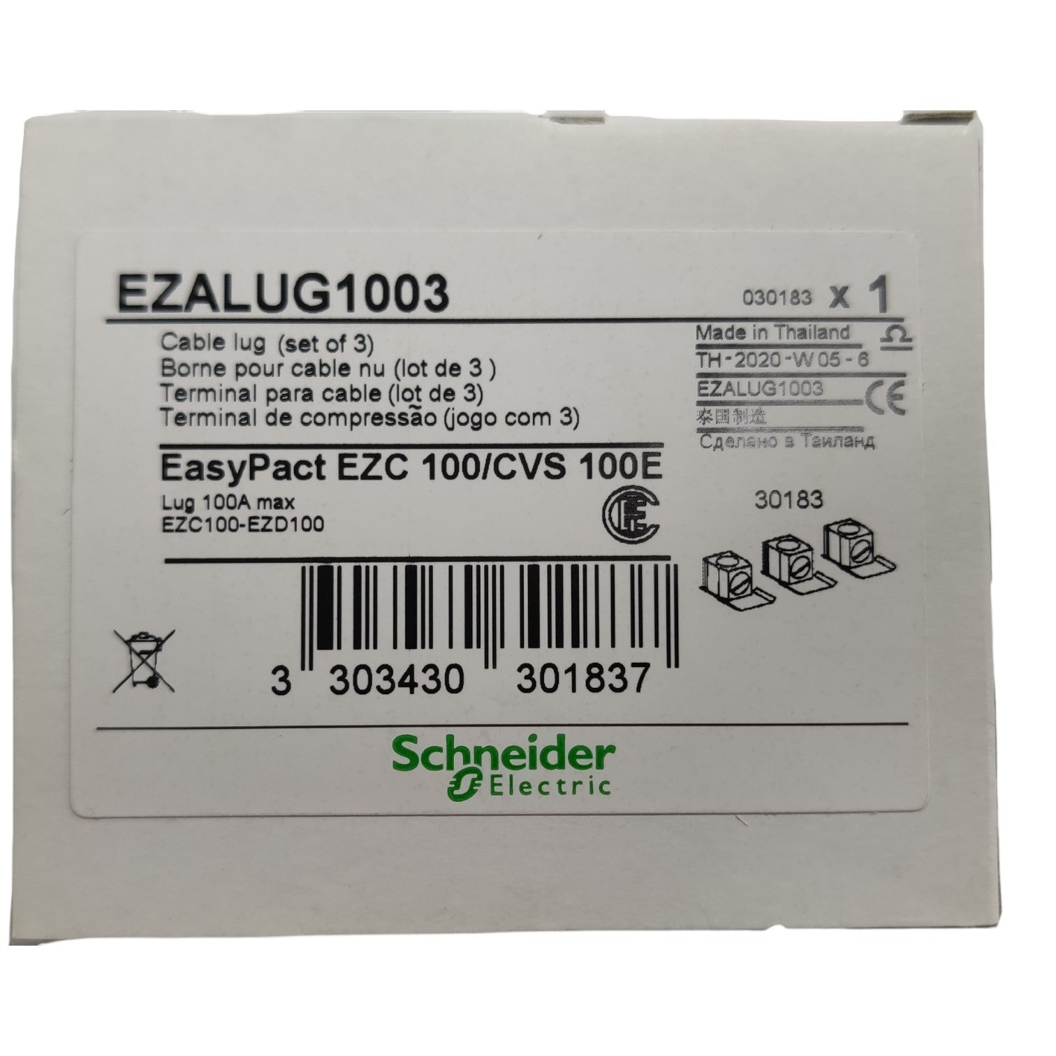Schneider Electric cable lug packaging with product details on a white background